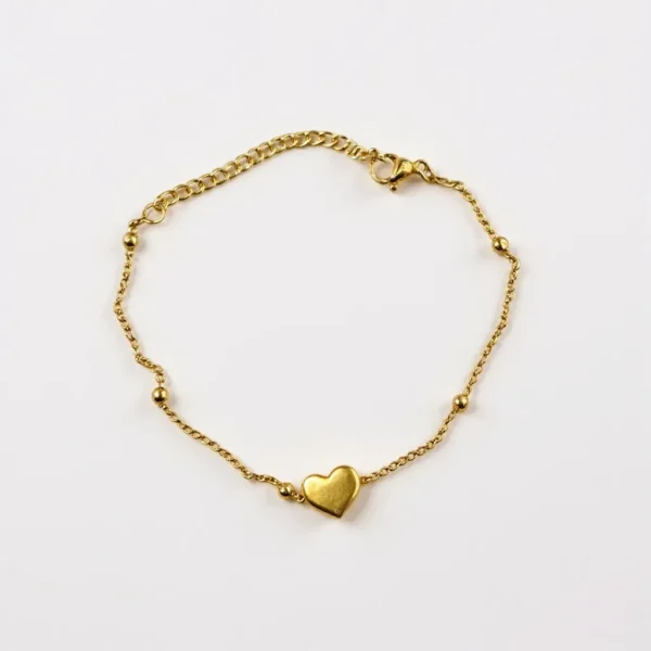 Gold stainless steel bracelet with small heart charm and beaded chain